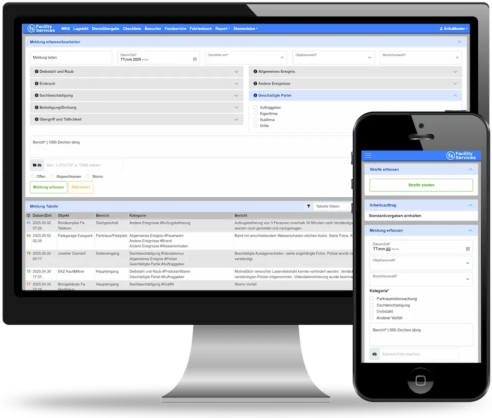 Facility-Management SaaS mit Online Wächterkontrollsystem WKS-App und Besucherverwaltung